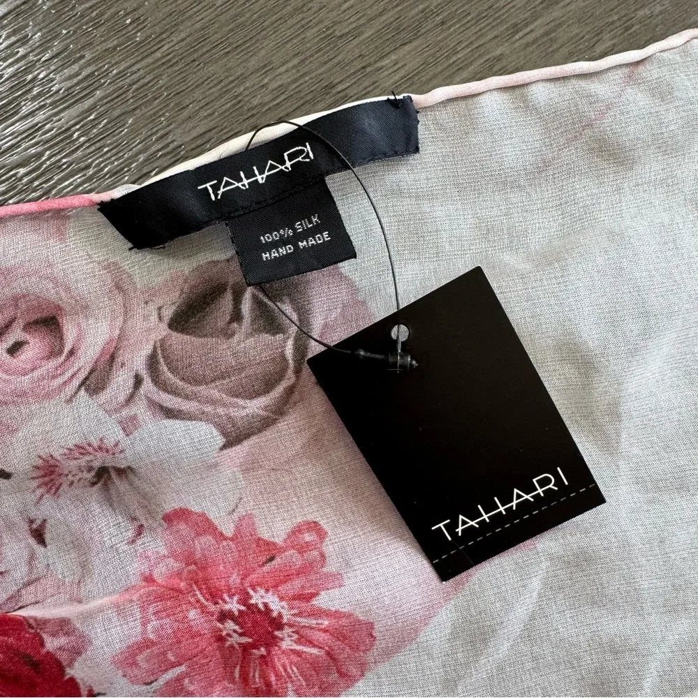 NWT 100% Silk White Red Pink Floral Scarf Purse Handle Wrap